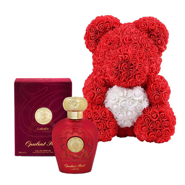 Set Living in Love ursulet floral rosu cu inima alba 40 cm, Lattafa Opulent Red, Apa de Parfum, Femei, 100 ml