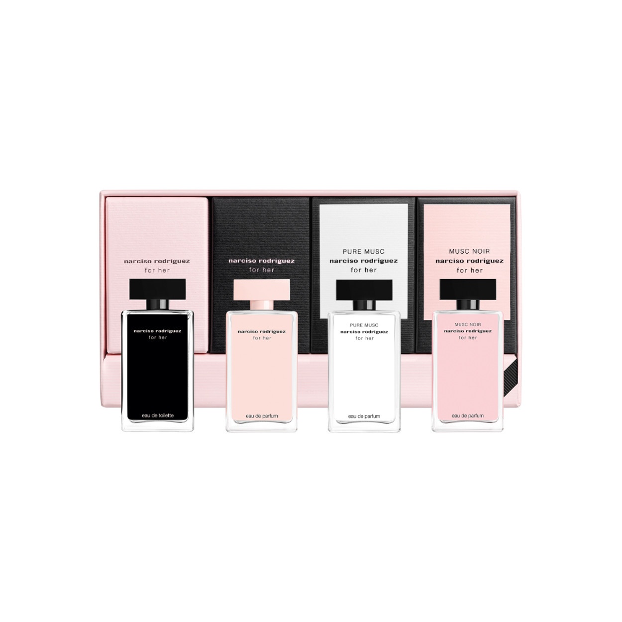 Set Miniaturi Narciso Rodriguez For Her – Eau de Toilette, Eau de Parfum, Pure Musc și Musc Noir Rose, 4×7.5 ml