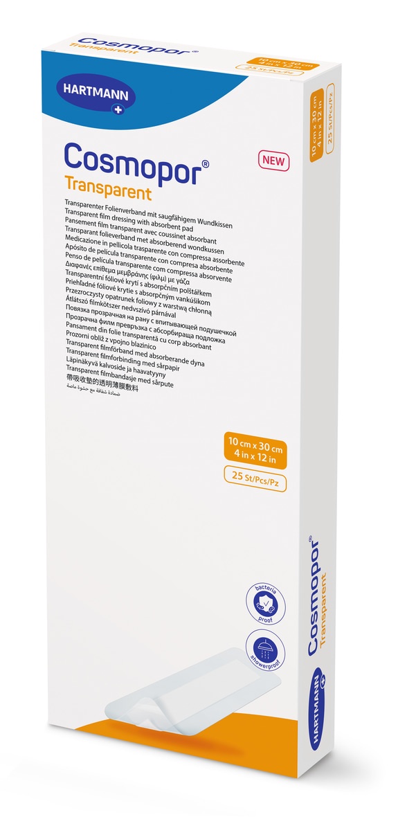 protecția datelor cu caracter personal Cosmopor transparent 10 x 30cm - Plasture transparent, autoadeziv, cu corp absorbant 5 x 25 cm - 25 buc/cutie