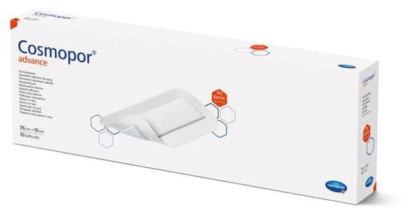 cosmopor e Cosmopor Advance 35 x 10cm - Plasture steril pentru fixare cu corp absorbant 30,5 x 5,5 cm - 10 buc/cutie