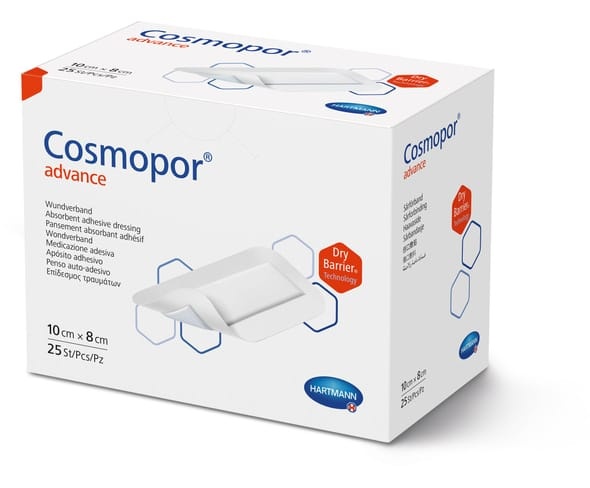 cosmopor e Cosmopor Advance 20 x 10cm - Plasture steril pentru fixare cu corp absorbant 16 x 5,5 cm - 25 buc/cutie