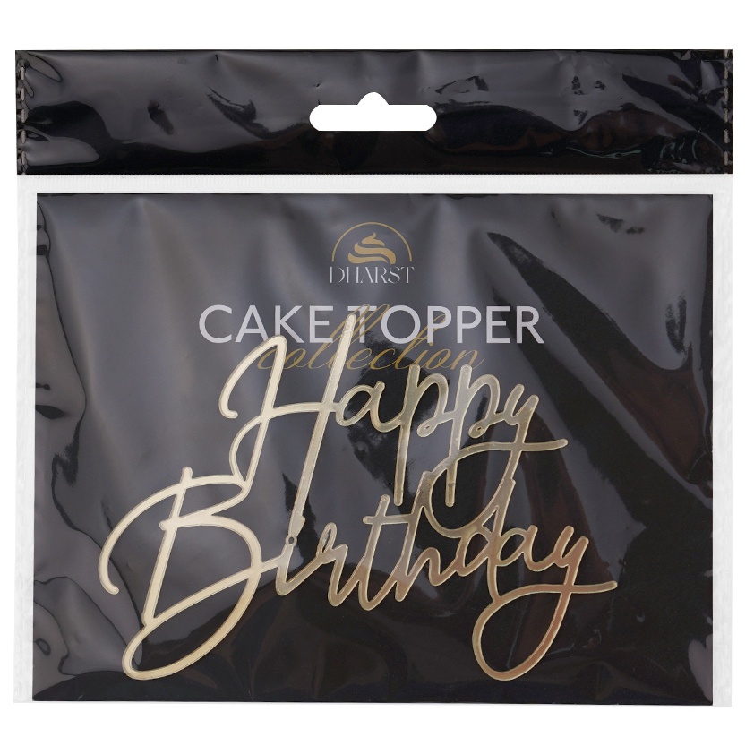 tomvalk.ro Cake Topper „Happy Birthday” FPa – Auriu – 12,5 x 9,5 cm – Dharst