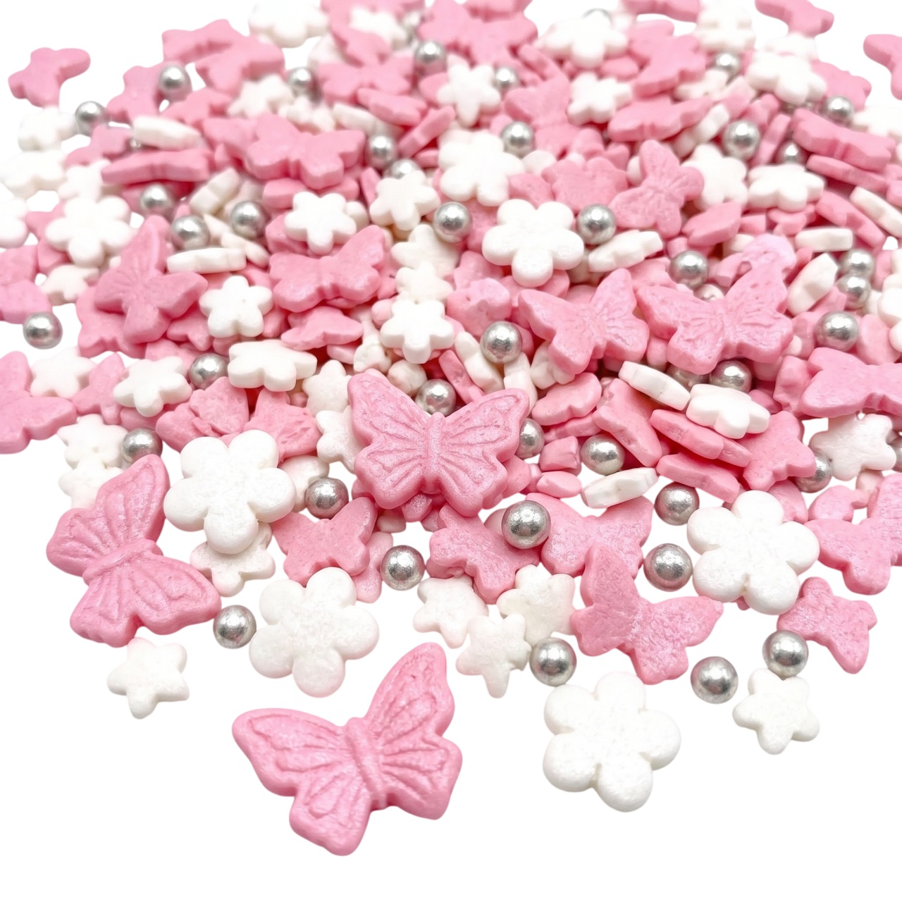 tomvalk.ro Sprinkles mix Fluturasi roz, floricele albe si perle argintii- 1 kg-Dobryk