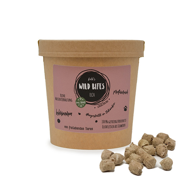 Recompensa caine WILD BITES - 100% carne de elan liofilizata - produs in Suedia - 150g