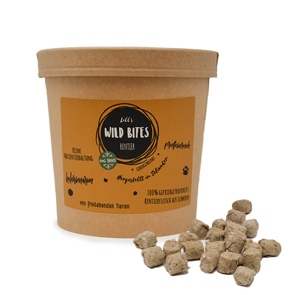 Recompensa caine WILD BITES - 100% carne de ren liofilizata - produs in Suedia - 150g