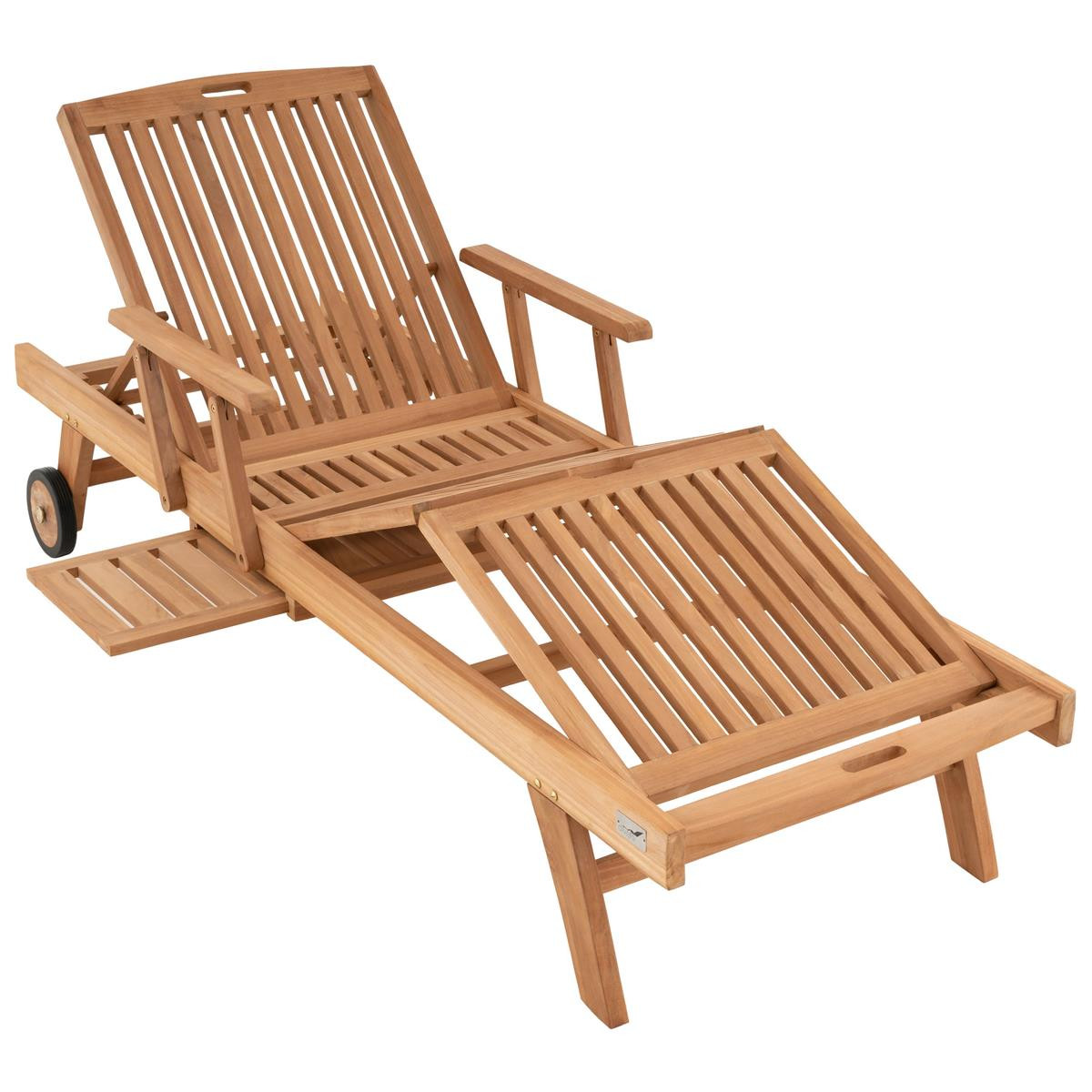 Sezlong cu roti DIVERO din lemn de TEAK cu tablet si brate - 207 x 62 x 36 cm