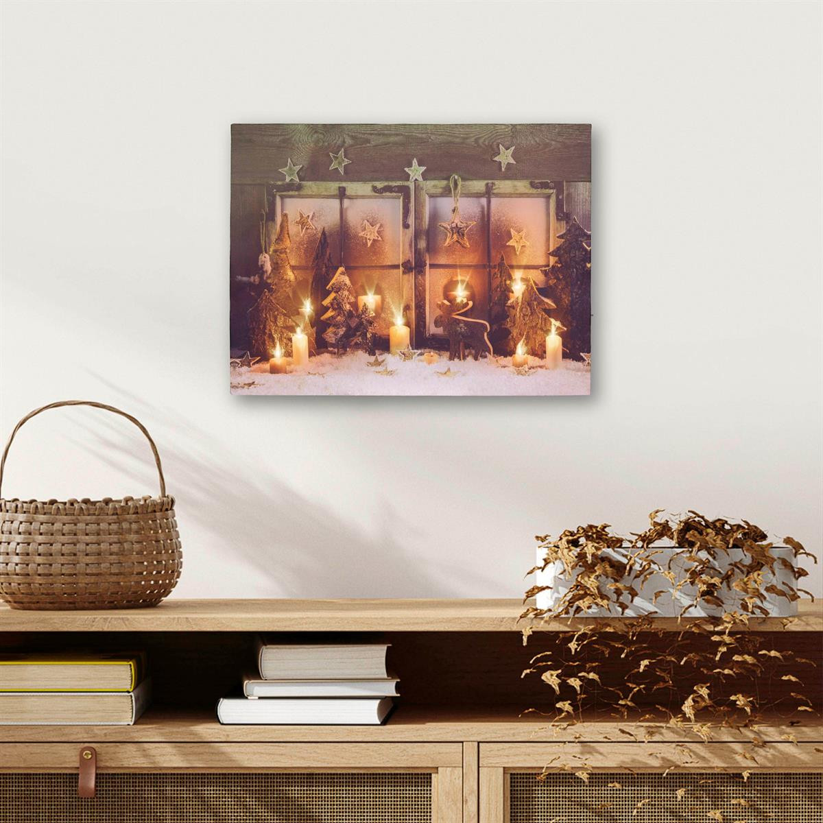 Tablou iluminat 9 leduri efect lumanare cu timer - 30x40cm - print digital pe canvas - Fereastra X-mas