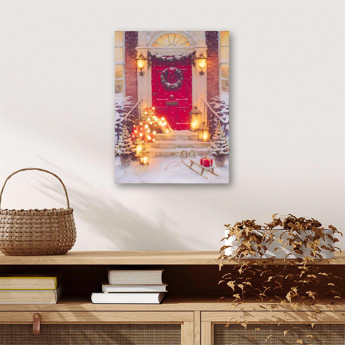 Tablou iluminat 6 leduri albe si 30 leduri fibra alb cald cu timer - 30x40cm - print digital pe canvas - Zi de Craciun