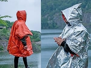 Patura hipotermie aZENGEAR tip poncho 2 fete argintiu/orange - din Mylar - impermeabila, cu gluga - rezistenta la vant, in Kit de salvare - 100x130 cm