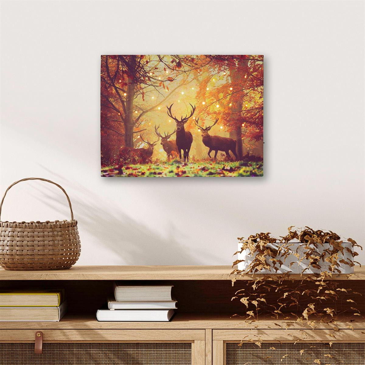 Tablou iluminat 30 leduri cu timer - 30x40cm - print digital pe canvas - cerbi in padure