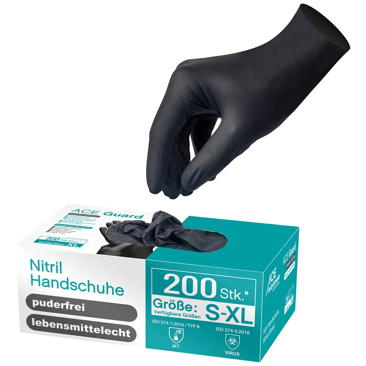 Manusi examinare ACE GUARD - nitril - culoare negru - EN374 si 455 - marime L - 200 buc