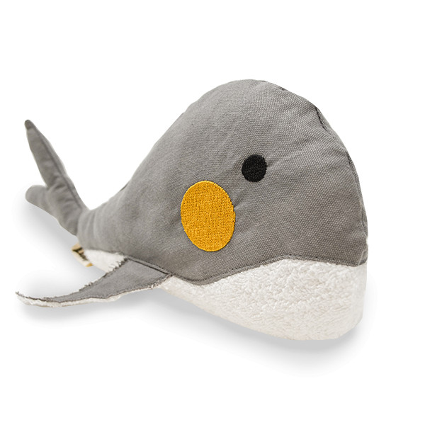 Jucarie caini WALTER din bumbac 100% BIO, umplut cu bumbac organic reciclat - figura balena - marime 34x14cm - gri galben alb