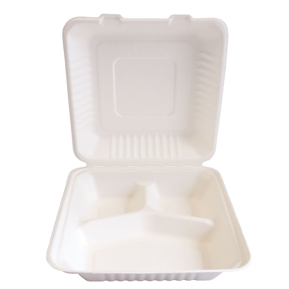 Caserola bio Take-Away TRIPLE - din trestie zahar - alb, 23x23 cm
