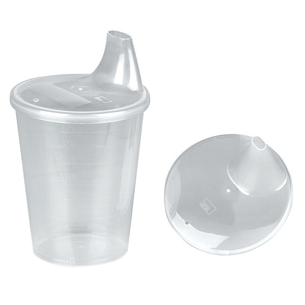 Pahar cu maner 250 ml si capac antiscurgere cu gura de 12mm - din plastic transparent