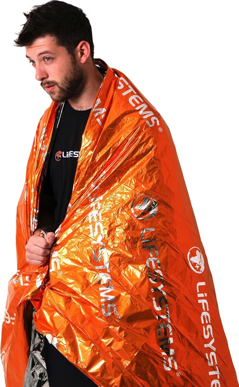 Patura hipotermie LIFESYSTEMS de urgenta - din folie argintie/portocaliu - pentru drumetii, alpinism sau kit de supravietuire in natura - 210x140 cm,