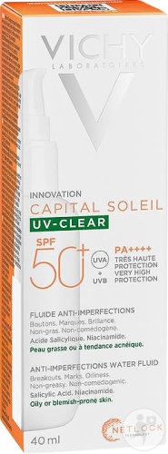 Vichy Capital Soleil UV‑Clear Fluid Anti‑Imperfecțiuni SPF50+ Flacon Cu Pompiță 40ml