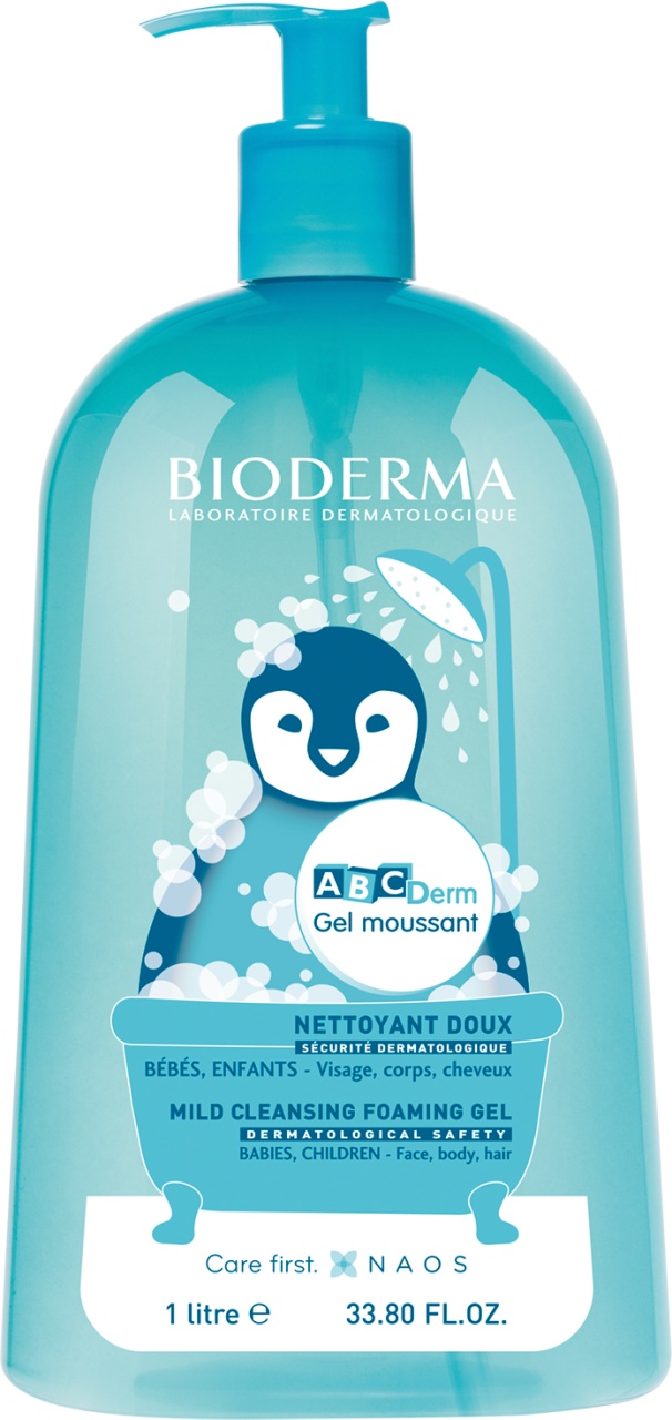 Bioderma Abcderm Gel De Curățare Spumant Blând Pentru Față Corp Și Păr Bebeluşi 1l