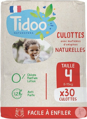 Tidoo Scutece Chiloțel Ecologice Anti-Scurgere 12h Mărimea 4 Copii 8-15kg Fabricat Franța 30 Bucăți