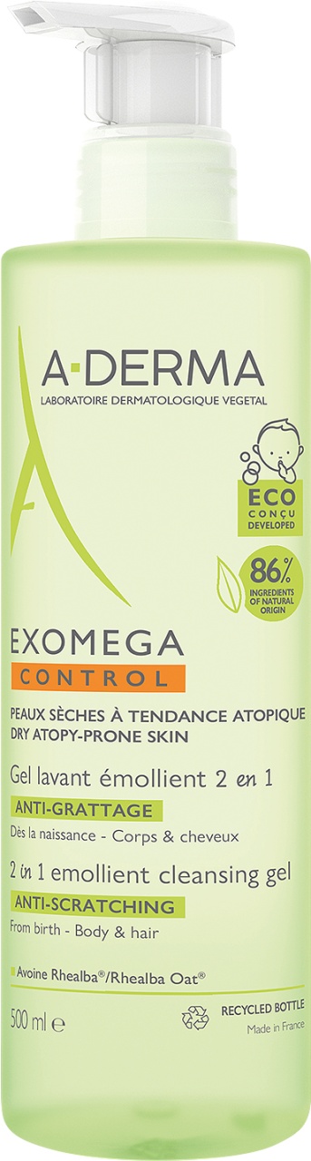A-Derma Exomega Control Gel De Spălare Emolient 2în1 Anti‑Mâncărimi Pentru Piele Uscată Tendință Atopică 500ml