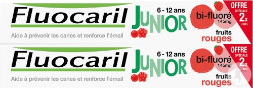 Fluocaril Bi-Fluor Junior Pastă De Dinți 6-12 Ani Aromă Fructe Roșii 2 Tuburi x 75 ml