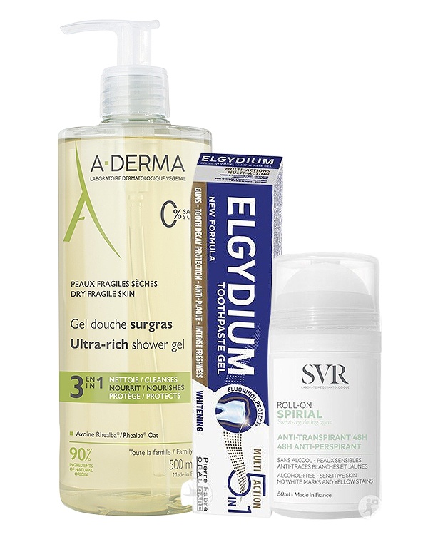 Igienă A-Derma Gel De Duș + Elgydium Pastă Dinți + SVR Spirial Deodorant Antiperspirant 3 Produse