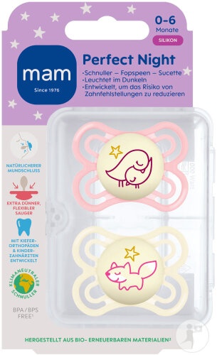 Mam Perfect Night Suzetă Silicon Bebeluși 0‑6 Luni Roz 2 Bucăți