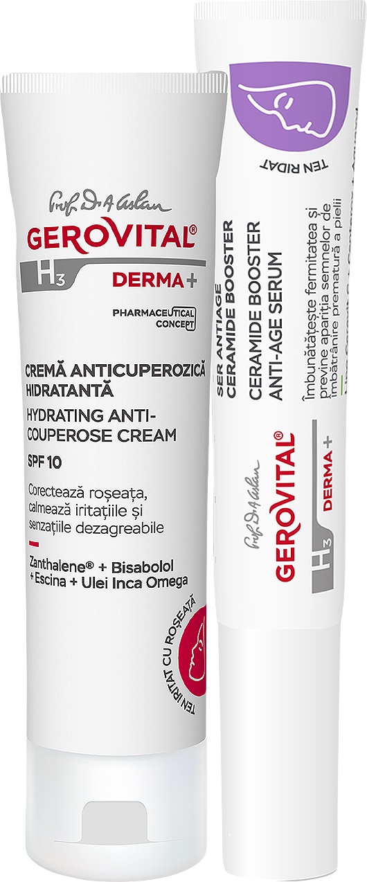 Gerovital H3 Derma+ Ser Anti-Age + Cremă Anticuperozică Hidratantă SFP10