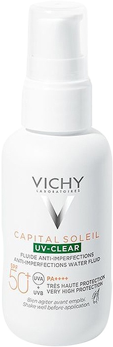 Vichy Capital Soleil UV‑Clear Fluid Anti‑Imperfecțiuni SPF50+ Flacon Cu Pompiță 40ml