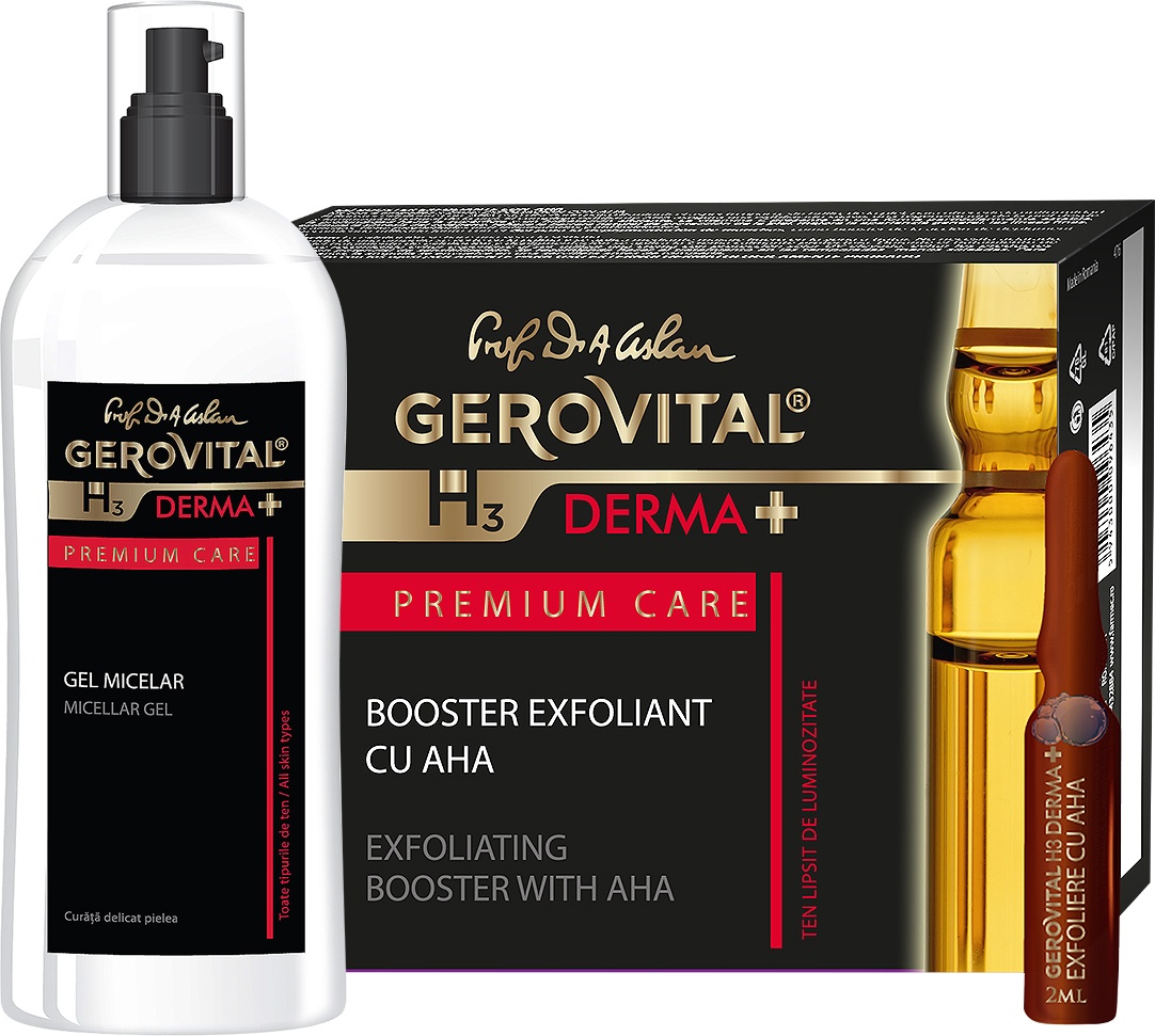 Gerovital H3 Derma+ Premium Care Gel Micelar + Gerovital H3 Derma+ Premium Care Booster Exfoliant Cu AHA