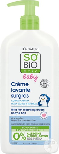 So'Bio Étic Baby Cremă De Curățare Surgras Pentru Corp Și Păr Piele Uscată Și Sensibilă 500ml