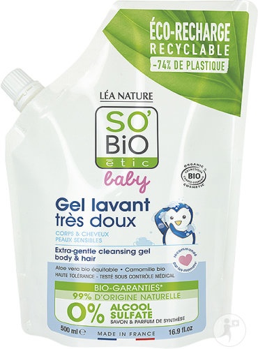 So'Bio Étic Gel De Curățare Foarte Delicat Bebeluși Corp/Păr/Piele Sensibilă Reîncărcabil Eco 500ml