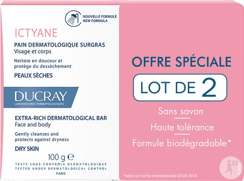 Ducray Ictyane Săpun Dermatologic Surgras Pentru Față Și Corp Piele Uscată 2x100g