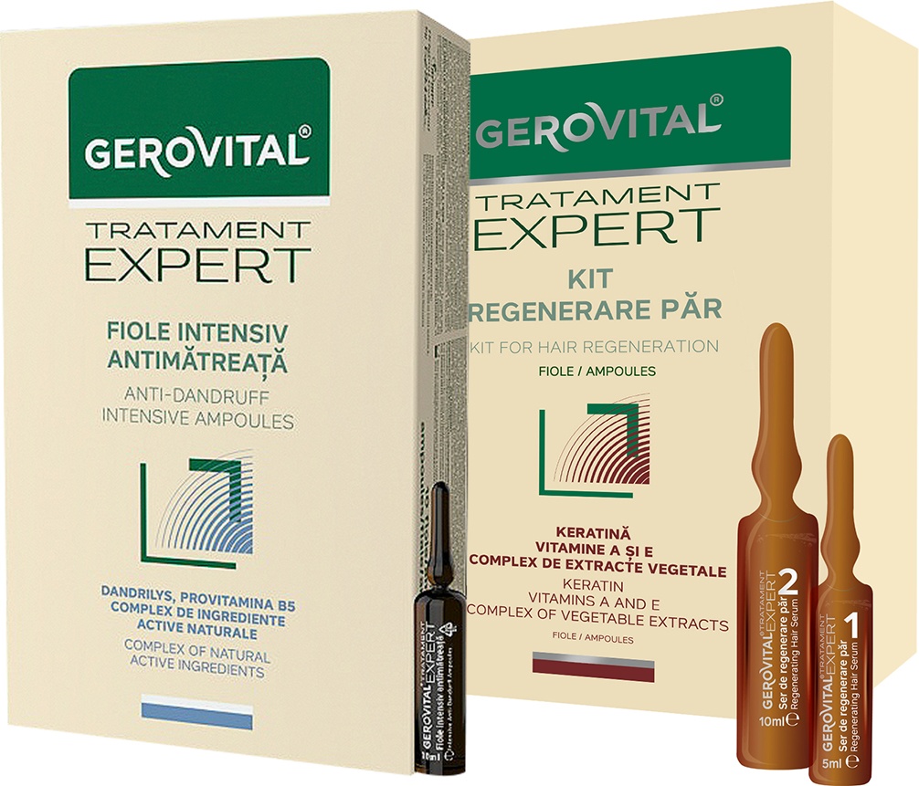 Gerovital Tratament Expert Fiole Intensiv Antimătreață + Kit Tratament Regenerare Păr