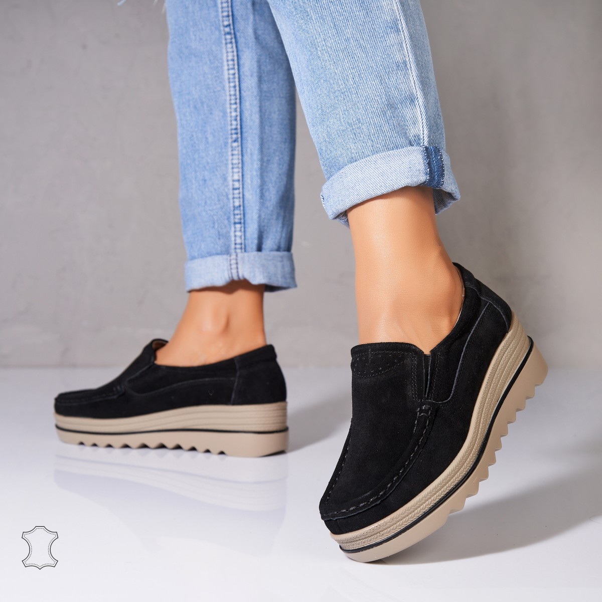 Poze Mocasini dama Piele Naturala Intoarsa Negri Sulma