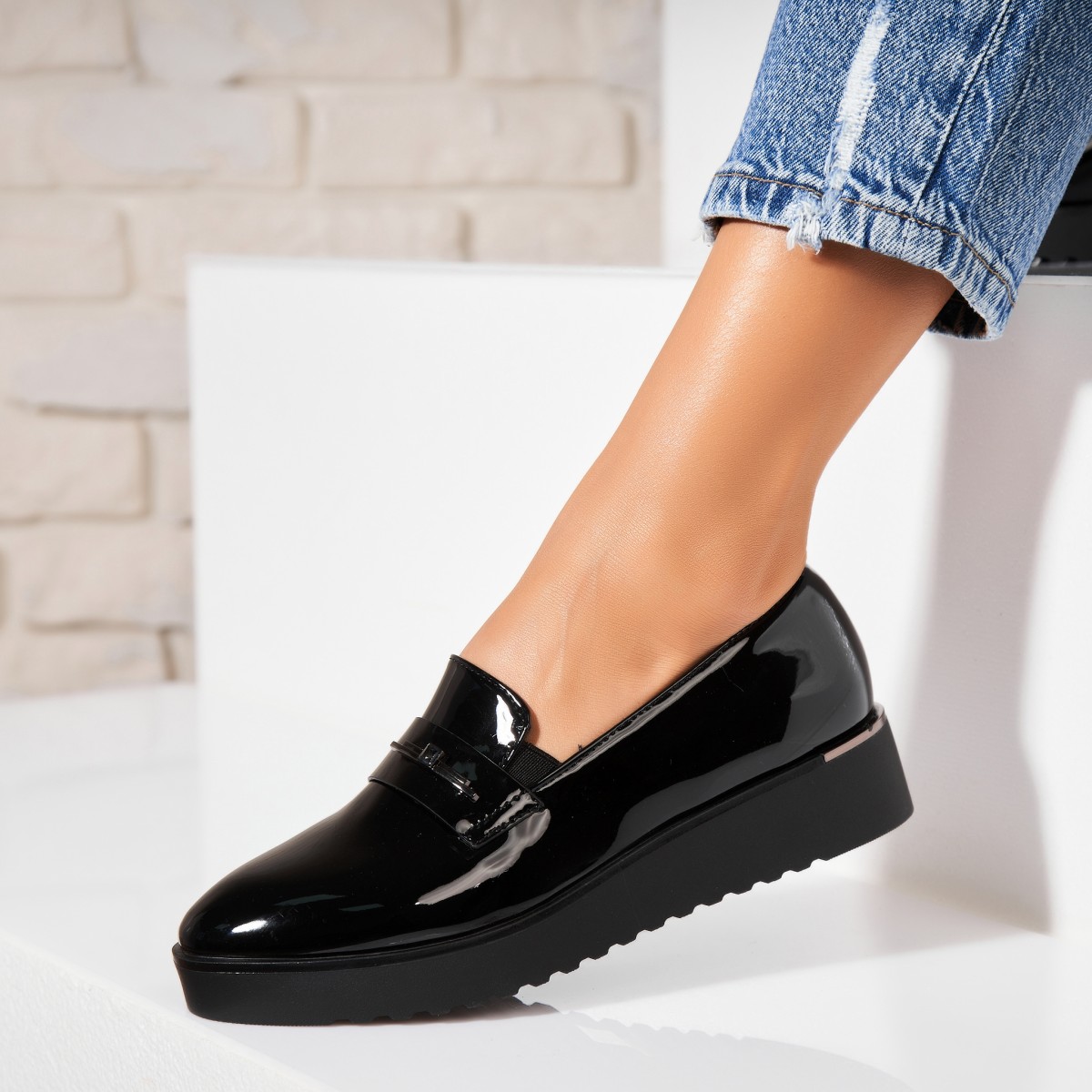 Poze Pantofi dama casual Negri din Piele Ecologica Lacuita Kinze