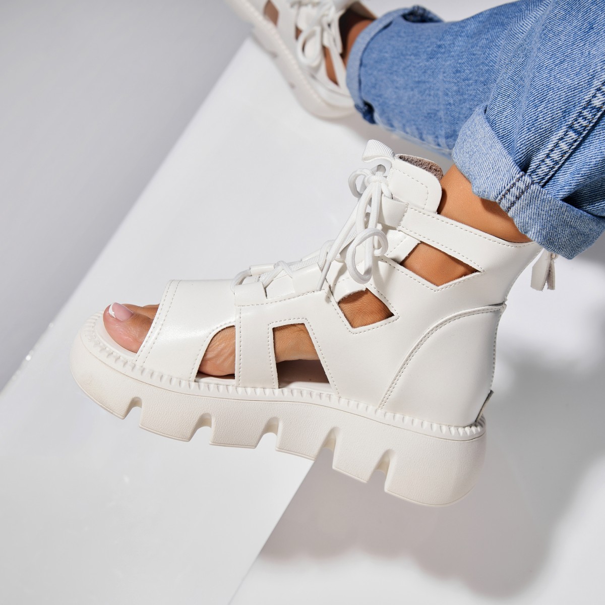 Poze Sandale dama cu platforma Albe din Piele Ecologica Monay