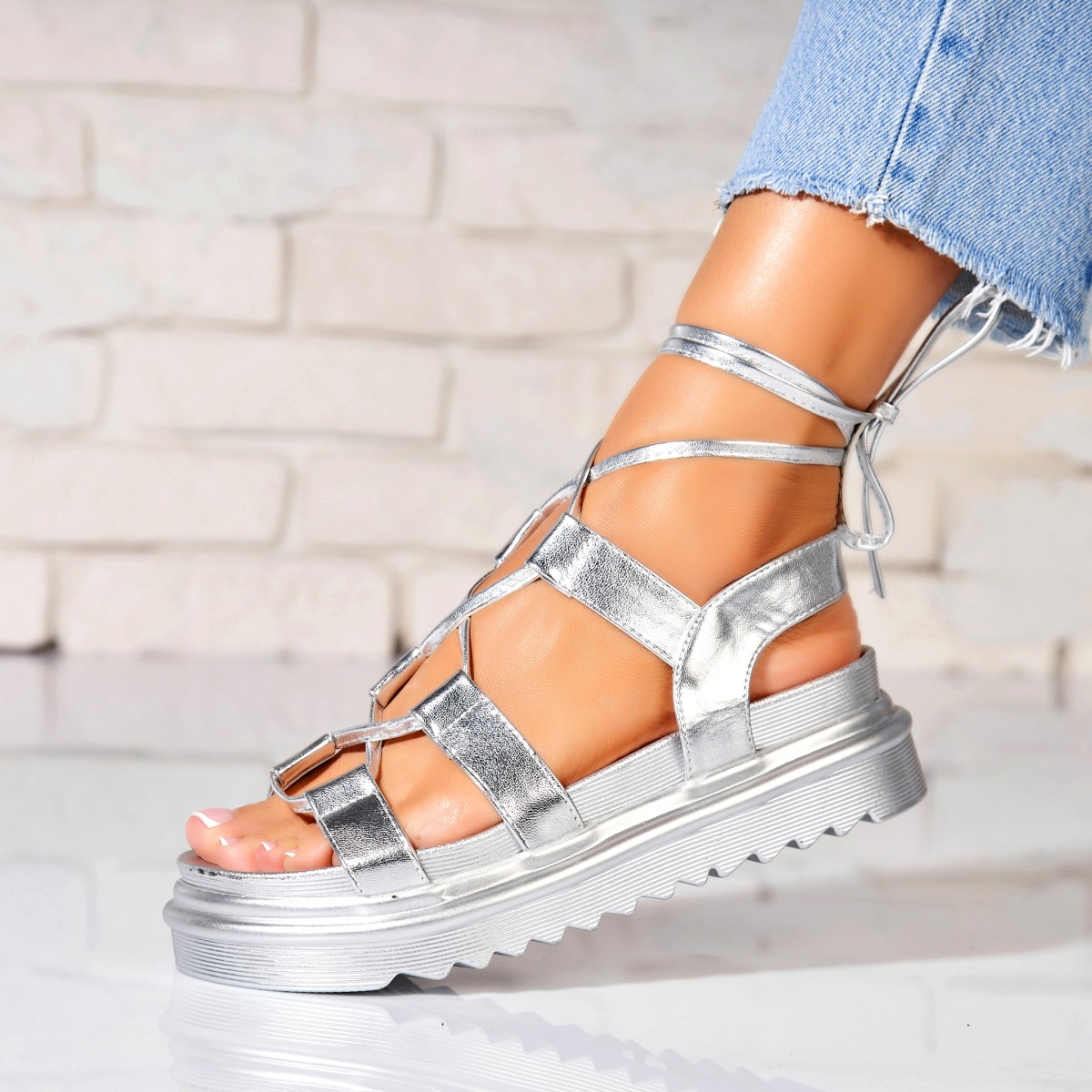 Poze Sandale dama cu platforma Argintii din Piele Ecologica Imira