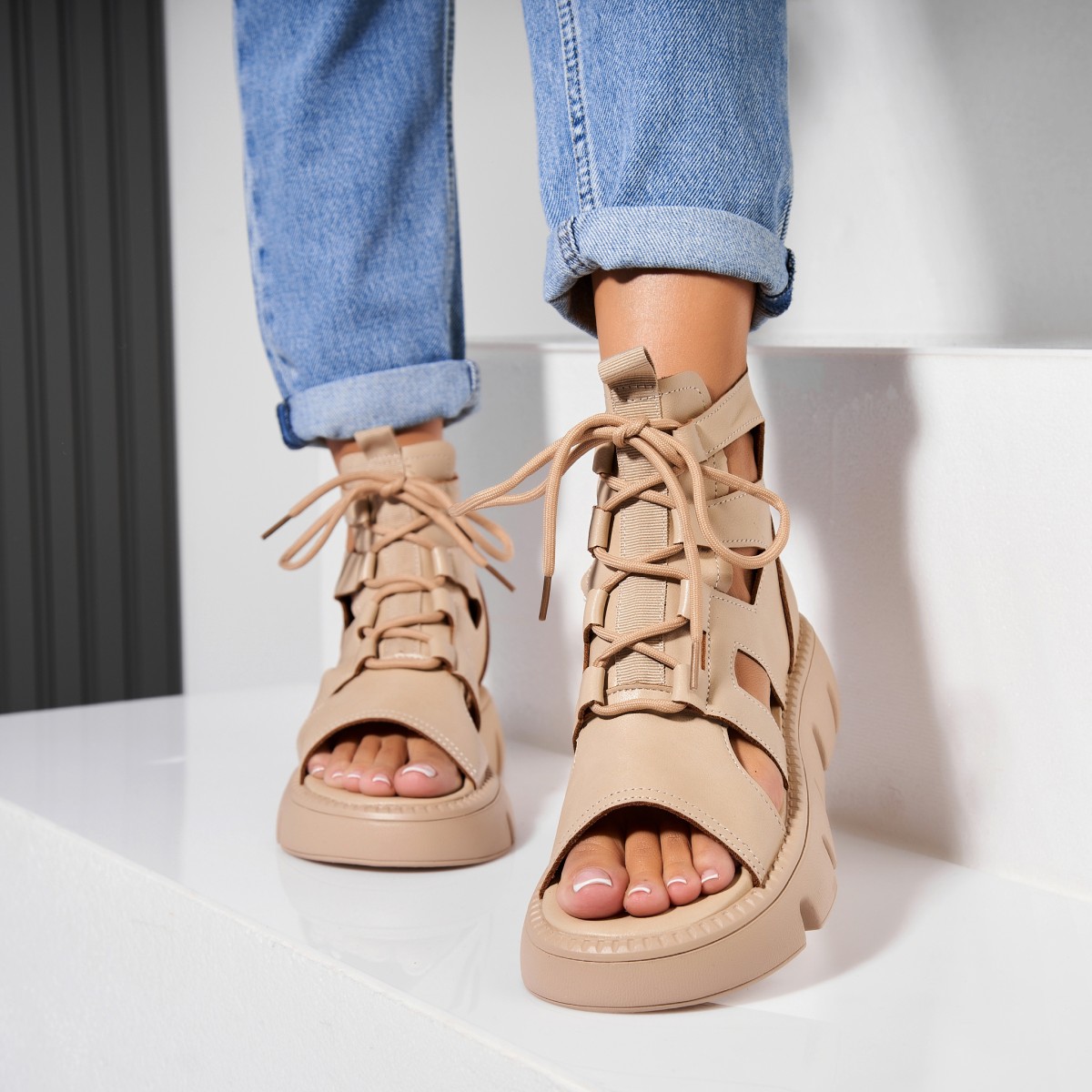 Poze Sandale dama cu platforma Kaki din Piele Ecologica Monay