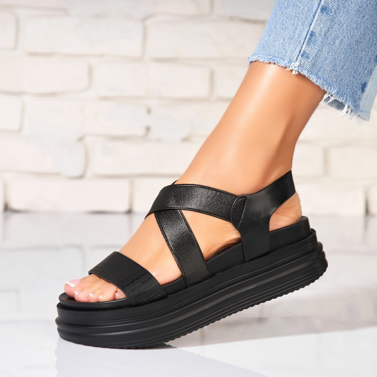 Poze Sandale dama cu platforma Negre din Piele Ecologica Keity