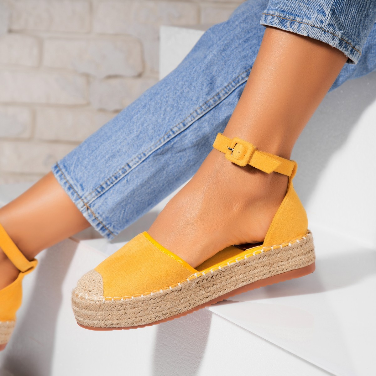 Poze Espadrile dama Galbene din Piele Ecologica Intoarsa Wendy