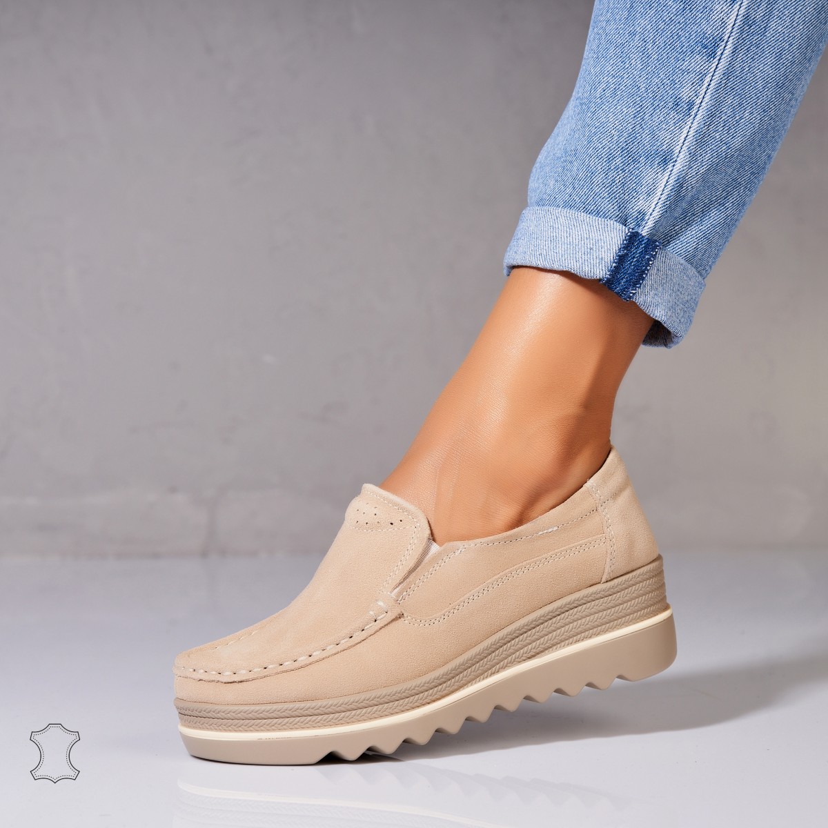 Poze Mocasini dama Piele Naturala Intoarsa Bej Sulma