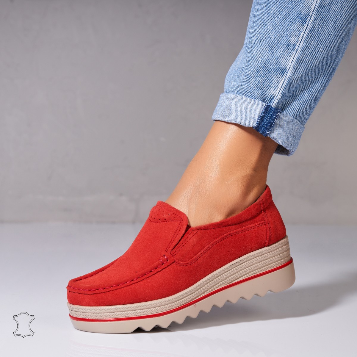 Poze Mocasini dama Piele Naturala Intoarsa Rosii Sulma