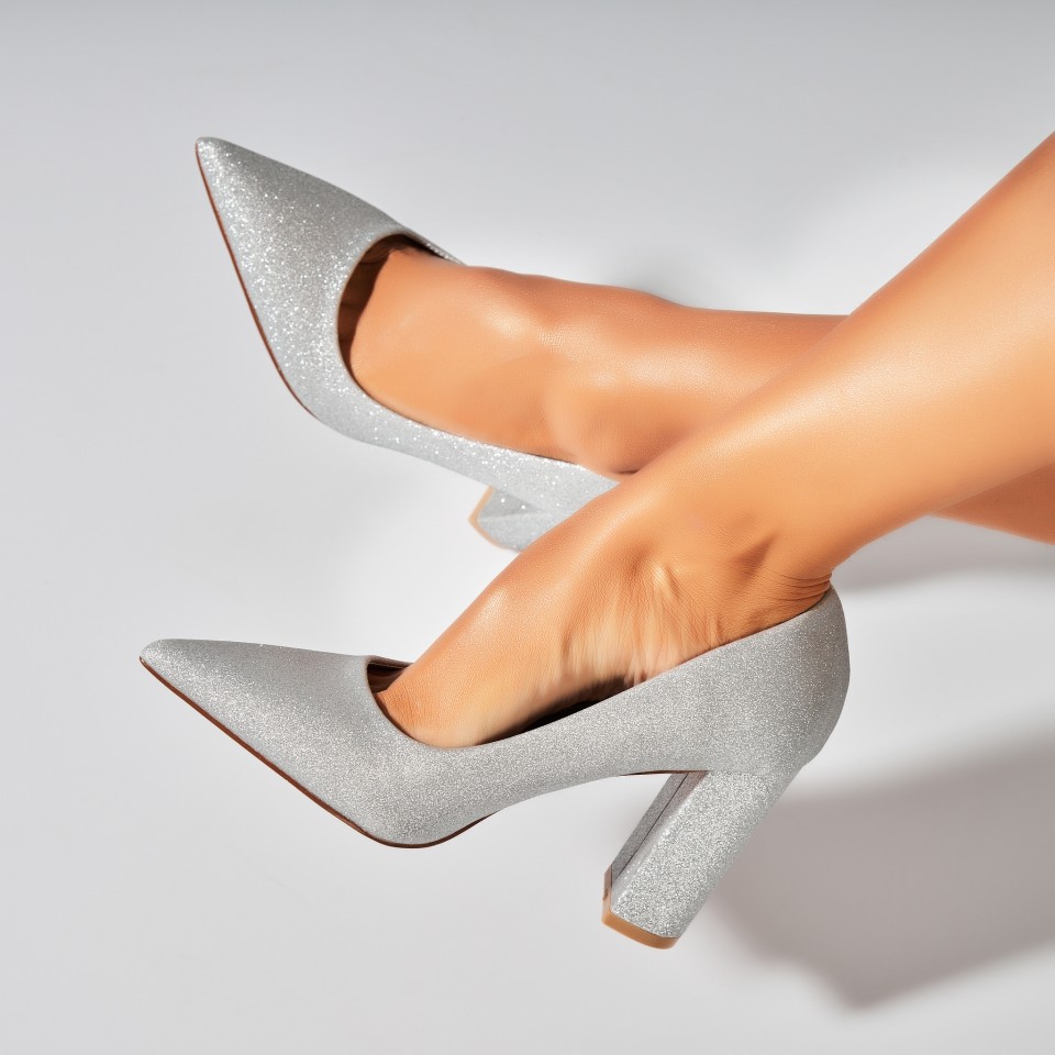 Pantofi dama cu toc Argintii din Glitter Miyani