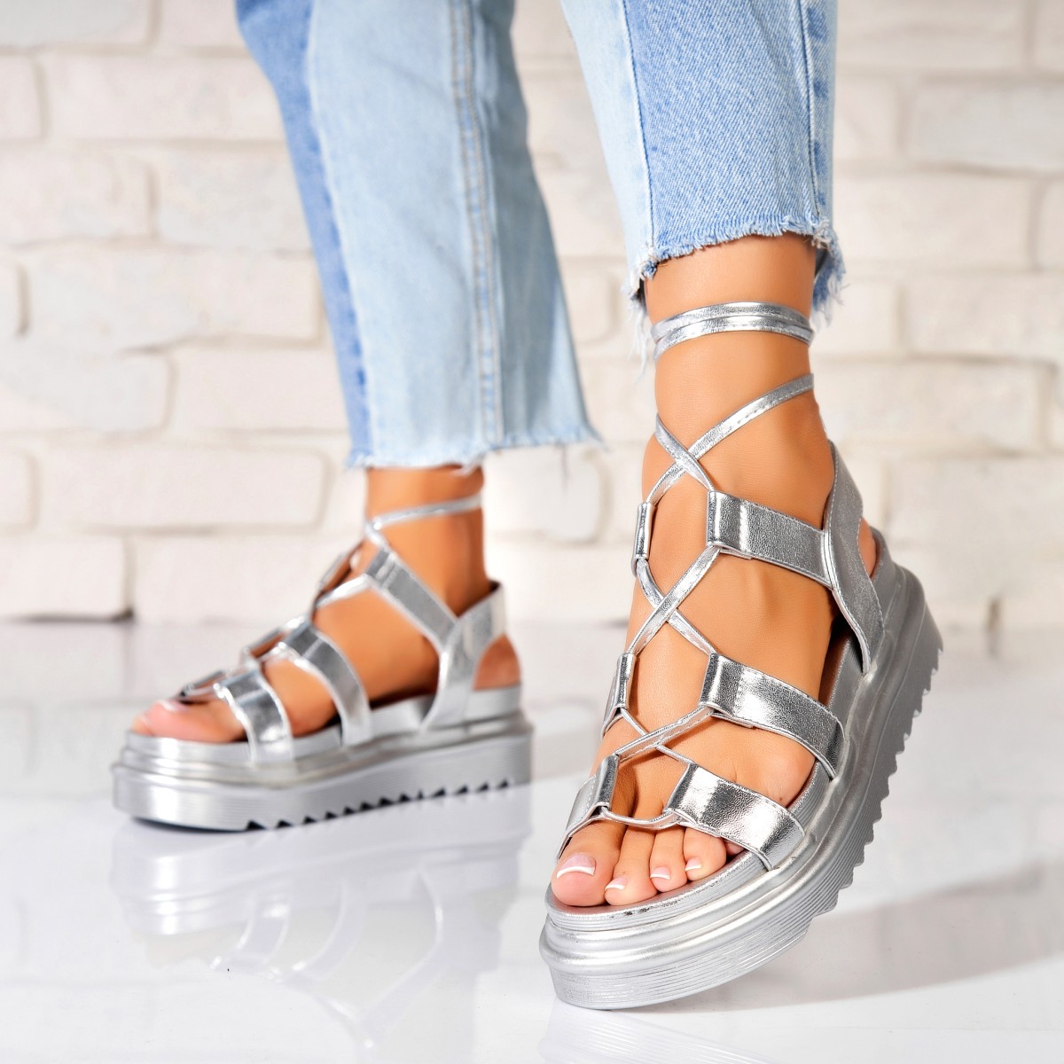 Poze Sandale dama cu platforma Argintii din Piele Ecologica Imira