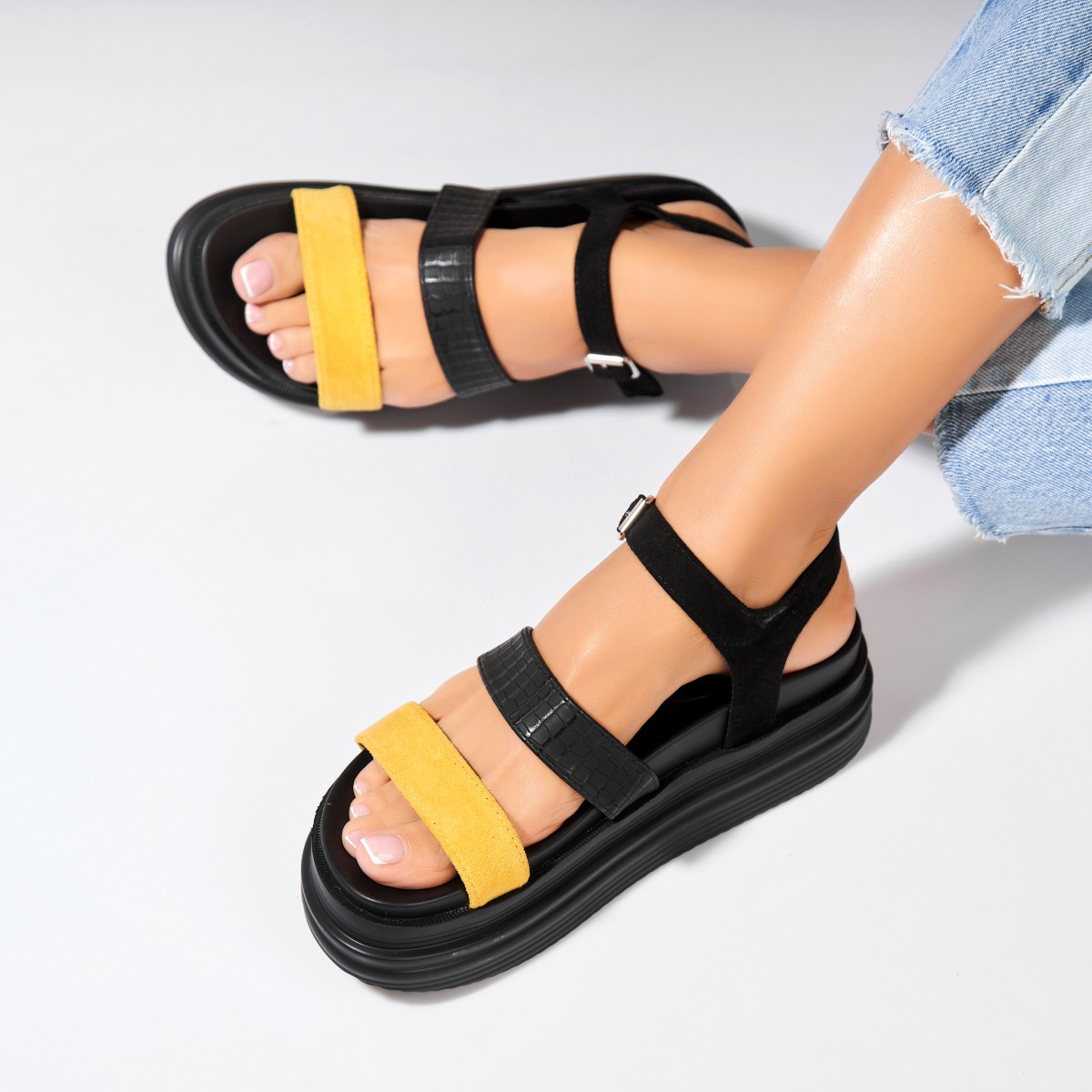 Poze Sandale dama cu platforma Galbene din Piele Ecologica Intoarsa Clayre