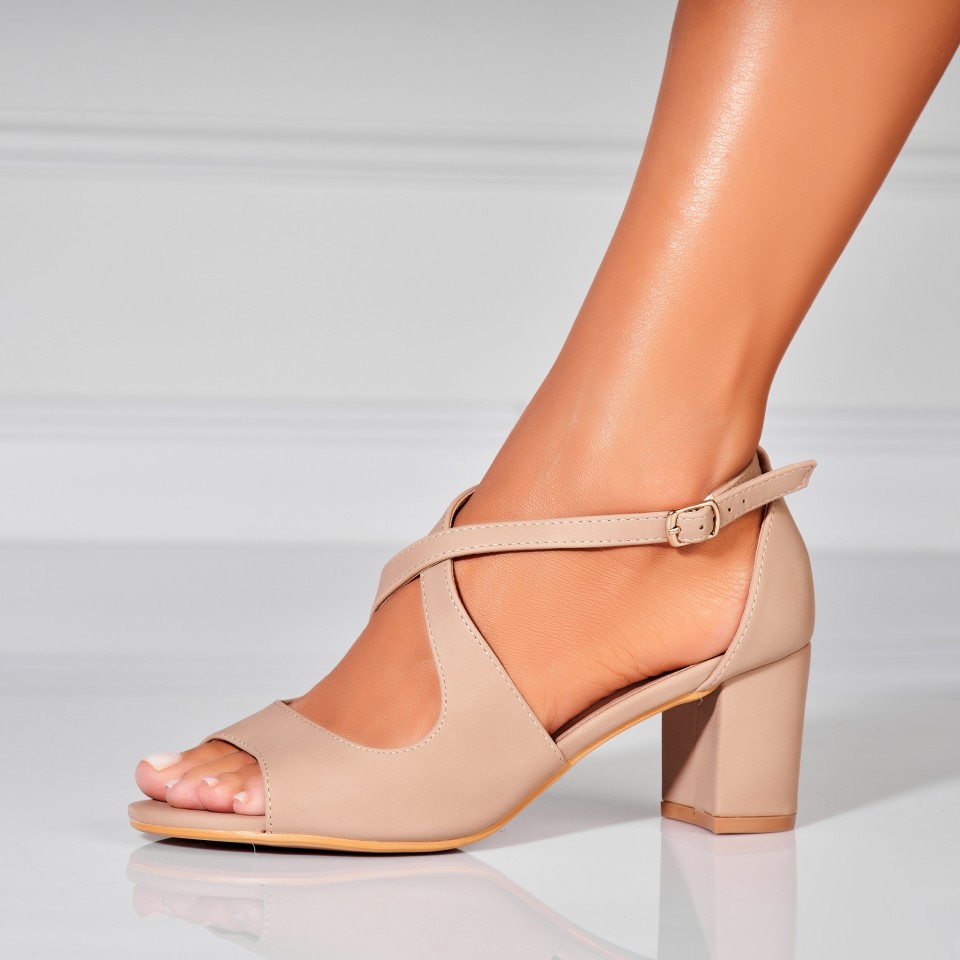 Poze Sandale dama cu Toc Bej din Piele Ecologica Intoarsa Kaybrie