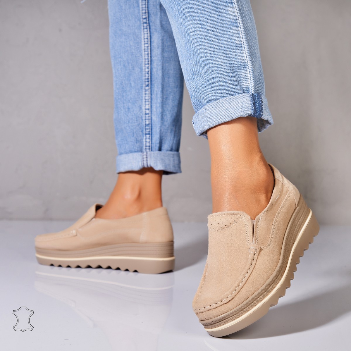 Poze Mocasini dama Piele Naturala Intoarsa Bej Sulma