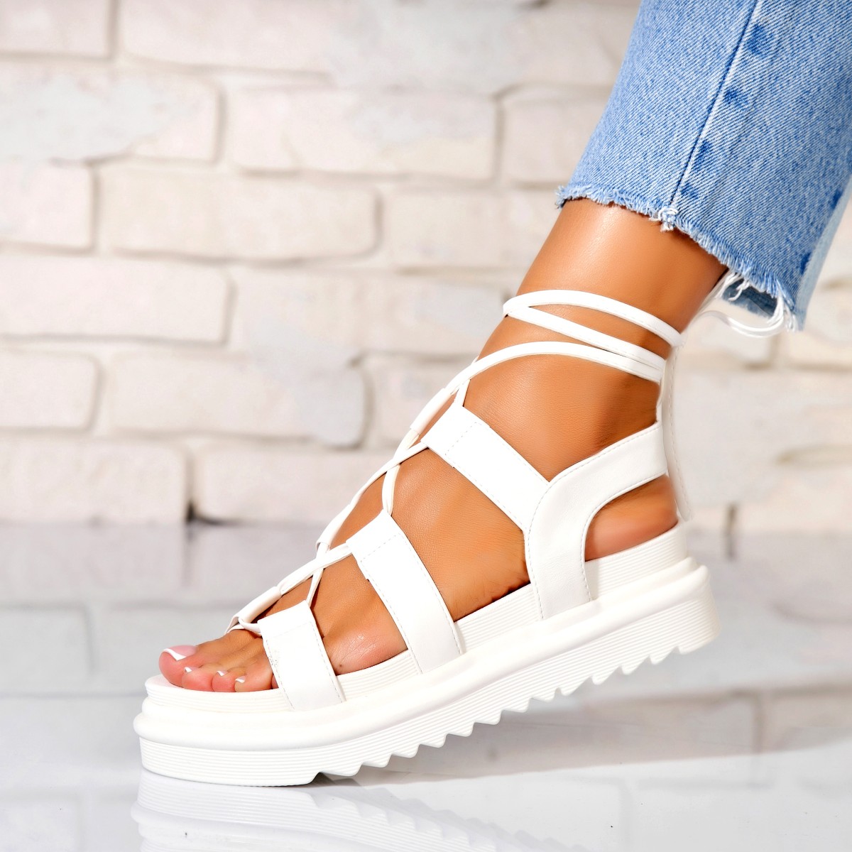 Poze Sandale dama cu platforma Albe din Piele Ecologica Imira