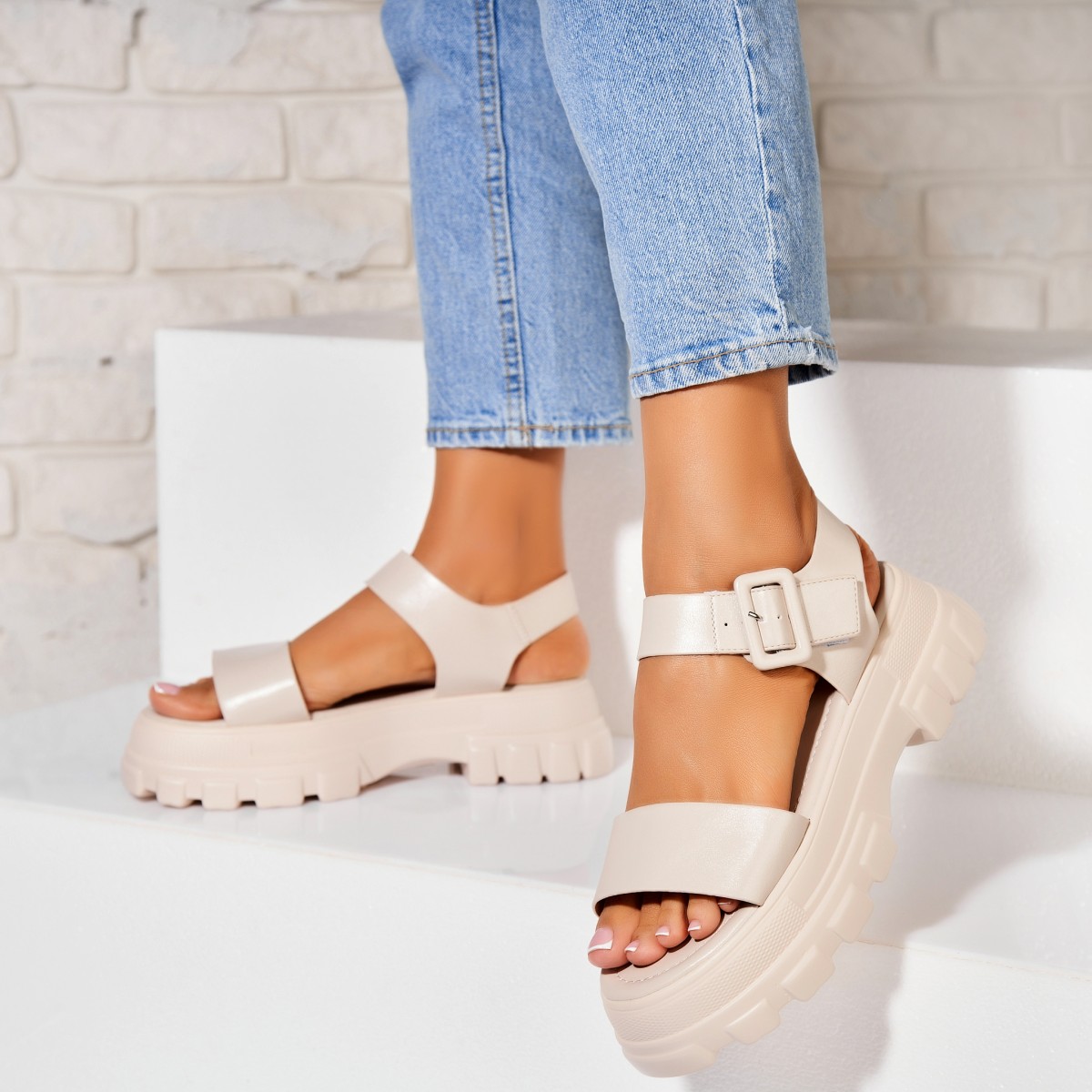 Poze Sandale dama cu platforma Bej din Piele Ecologica Azani