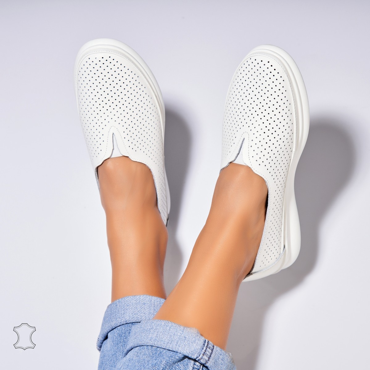 Poze Mocasini dama Piele Naturala Albi Zyere